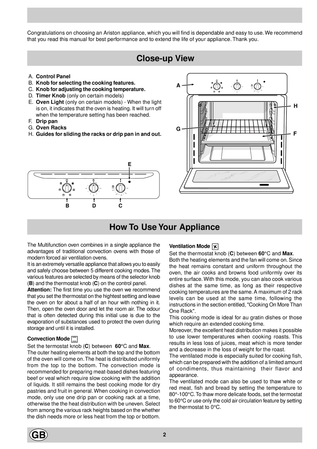 Ariston FM 51 IX GB manual Close-up View, How To Use Your Appliance, Convection Mode, Ventilation Mode 