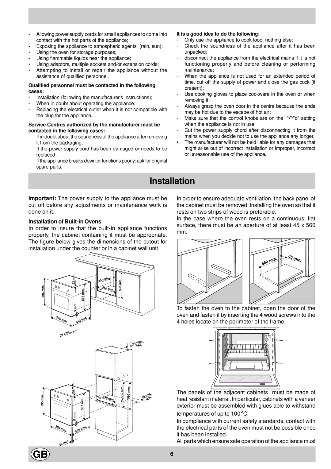 Ariston FM 51 IX GB manual Installation of Built-in Ovens, It is a good idea to do the following 