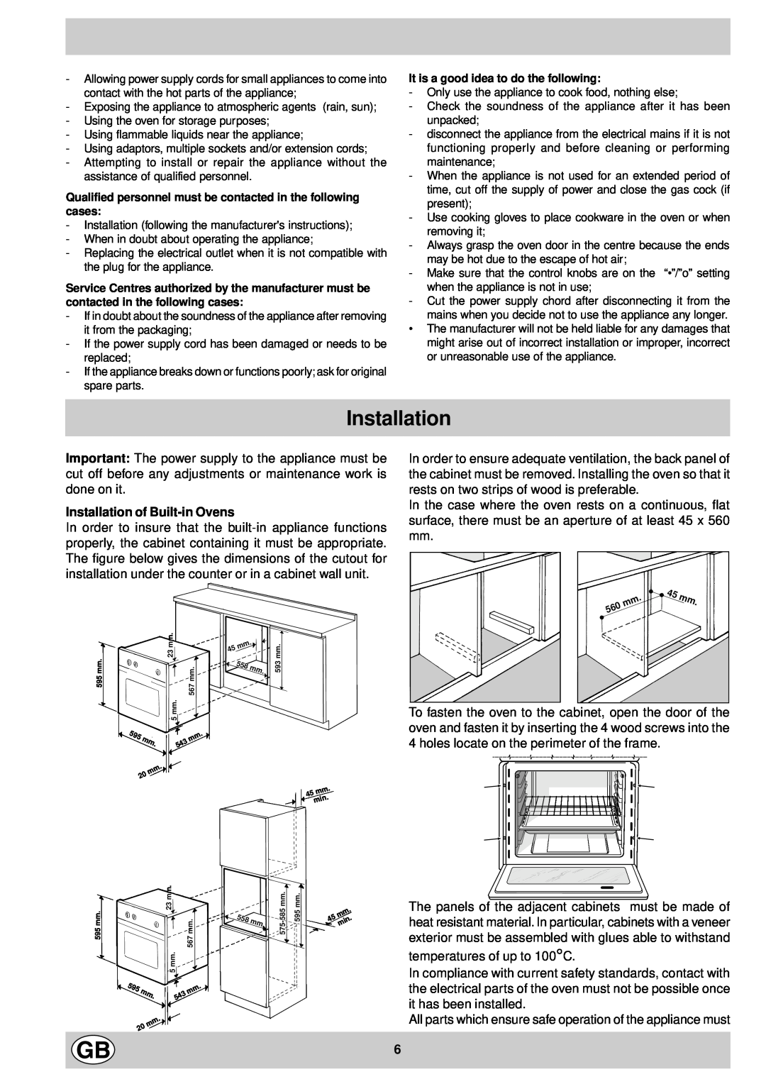 Ariston FM 51 IX GB manual Installation of Built-in Ovens 