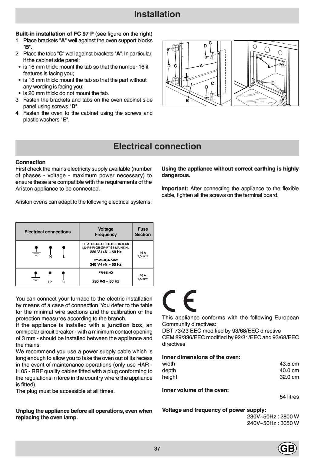 Ariston FC 97 P Electrical connection, Installation, Connection, Inner dimensions of the oven, Inner volume of the oven 