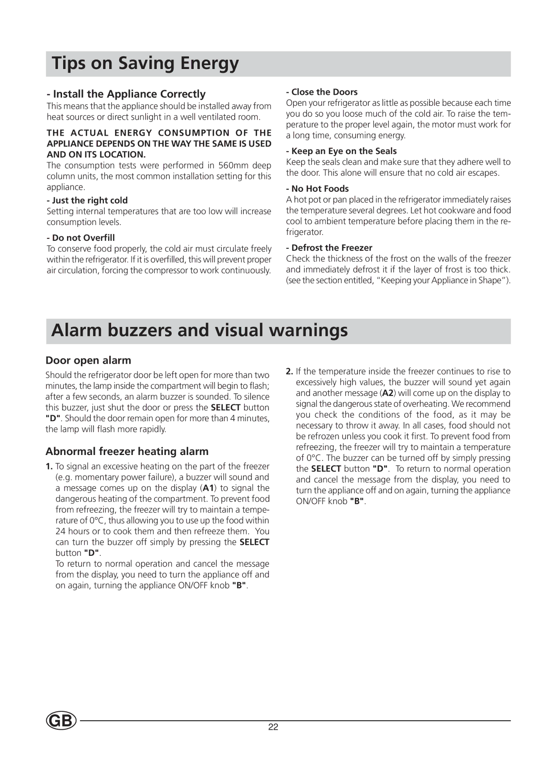 Ariston Fridge/Freezer Combined Tips on Saving Energy, Alarm buzzers and visual warnings, Install the Appliance Correctly 