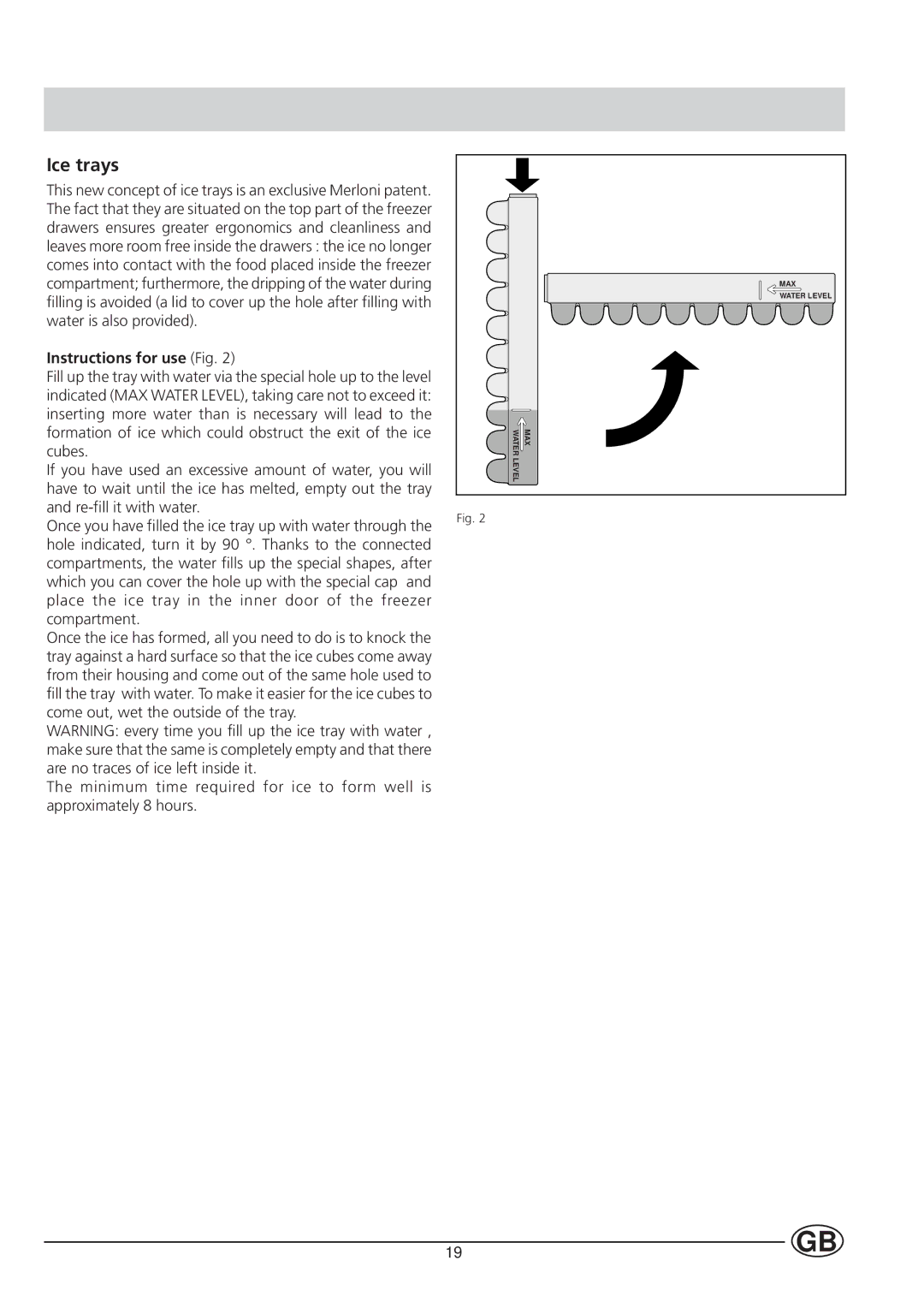 Ariston Fridge/Freezer Combined manual Ice trays, Instructions for use Fig 