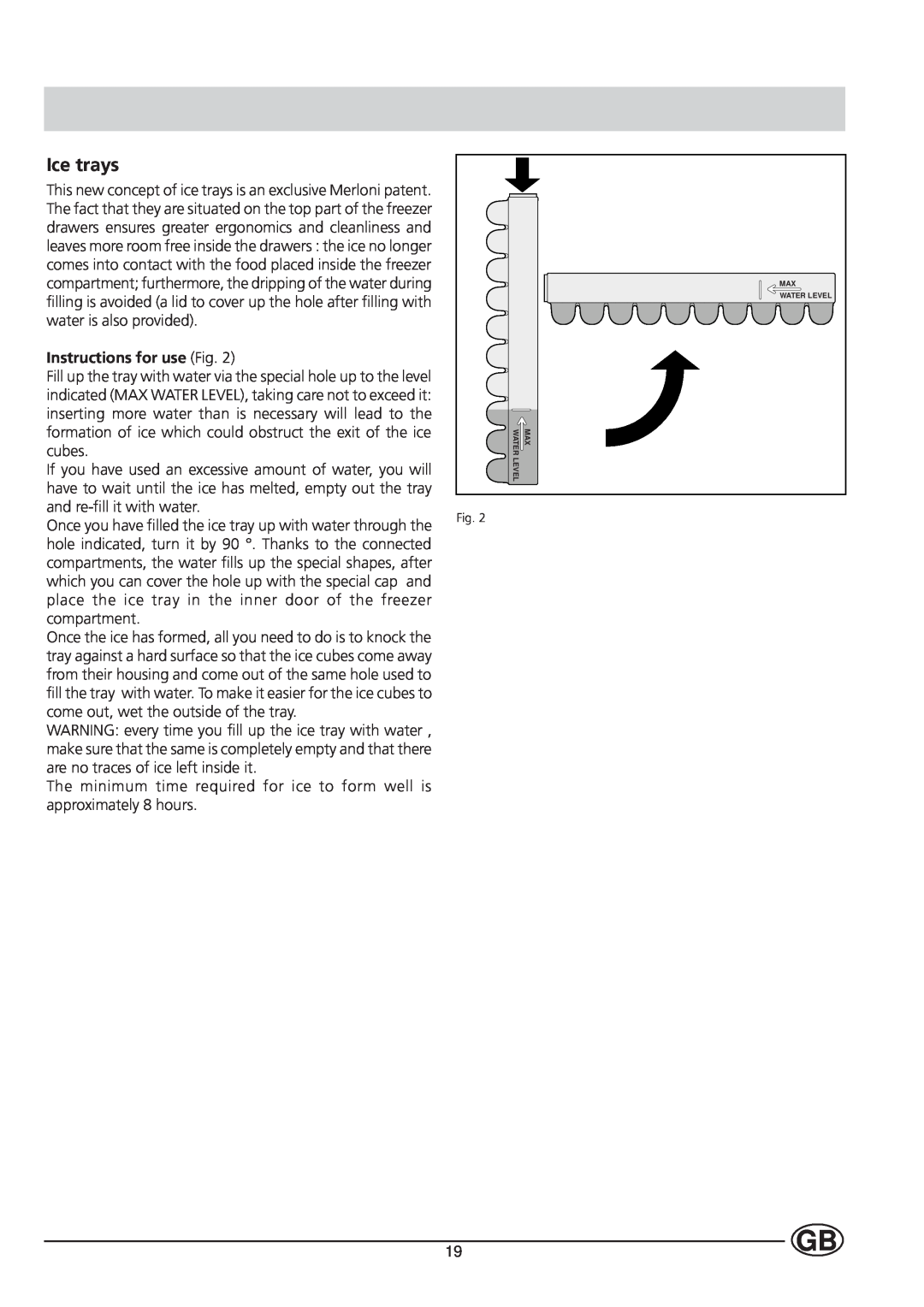 Ariston Fridge/Freezer Combined manual Ice trays, Instructions for use Fig 
