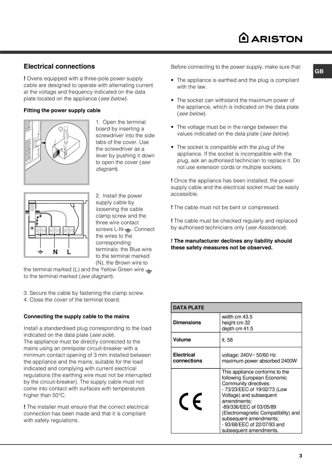 Ariston FZ 51 IX AUS, FZ 51 AUS manual Electrical connections, Data Plate 