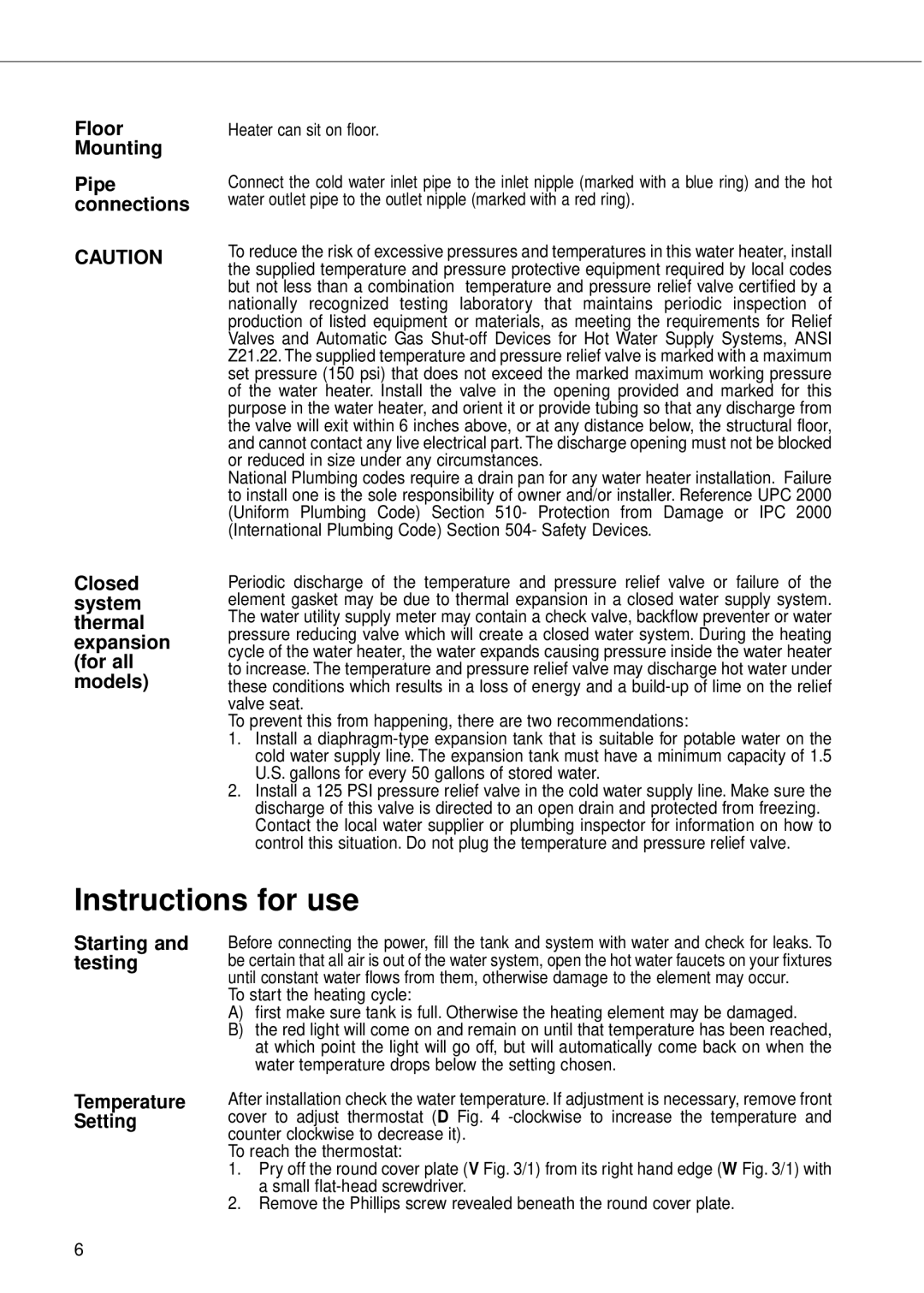 Ariston GL 4 Ti, GL 8 Ti Instructions for use, Mounting Pipe, Connections, Closed system thermal expansion for all models 