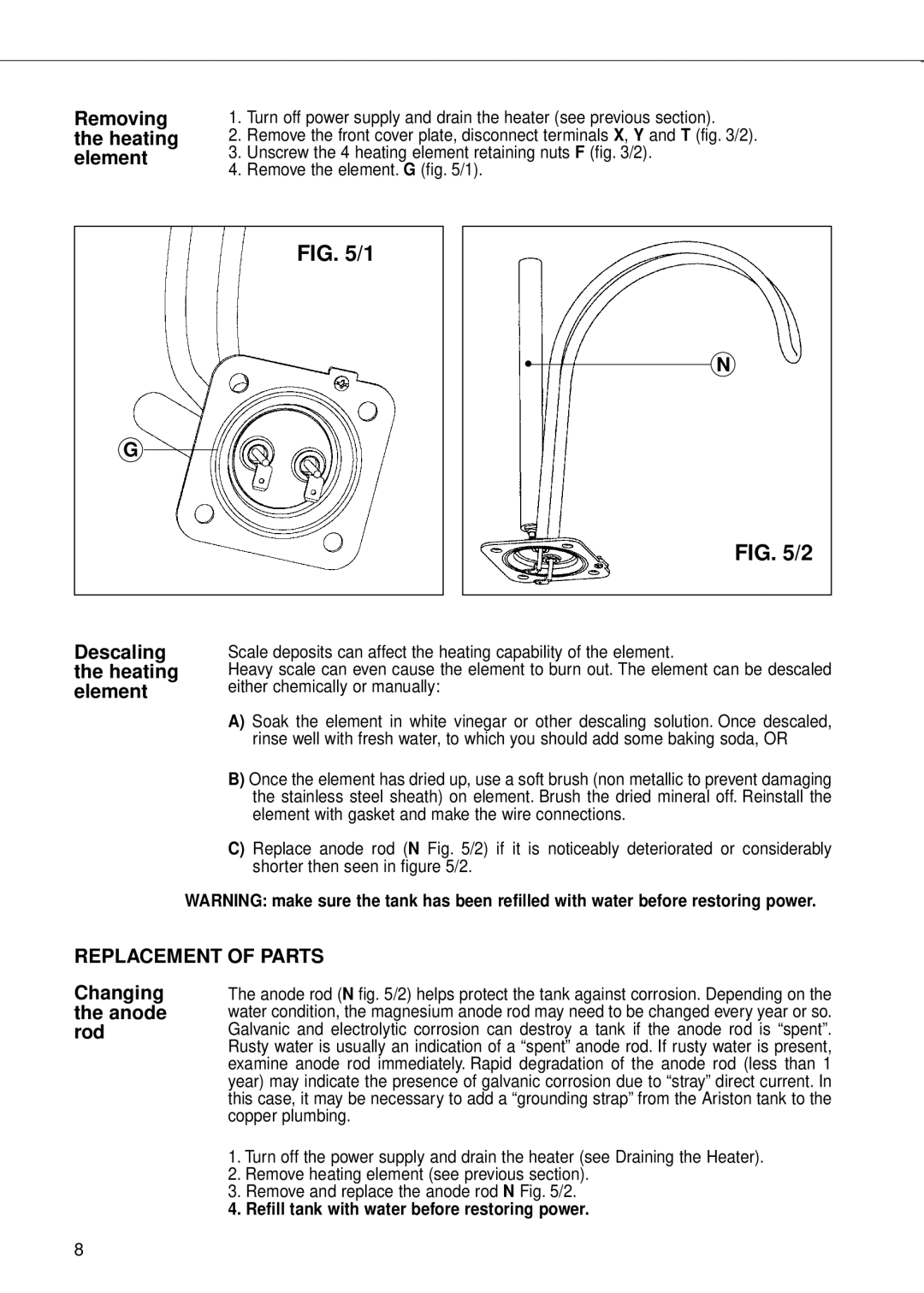 Ariston GL 2.5 Ti, GL 4 Ti, GL 8 Ti Removing the heating element, Descaling the heating element, Changing the anode rod 