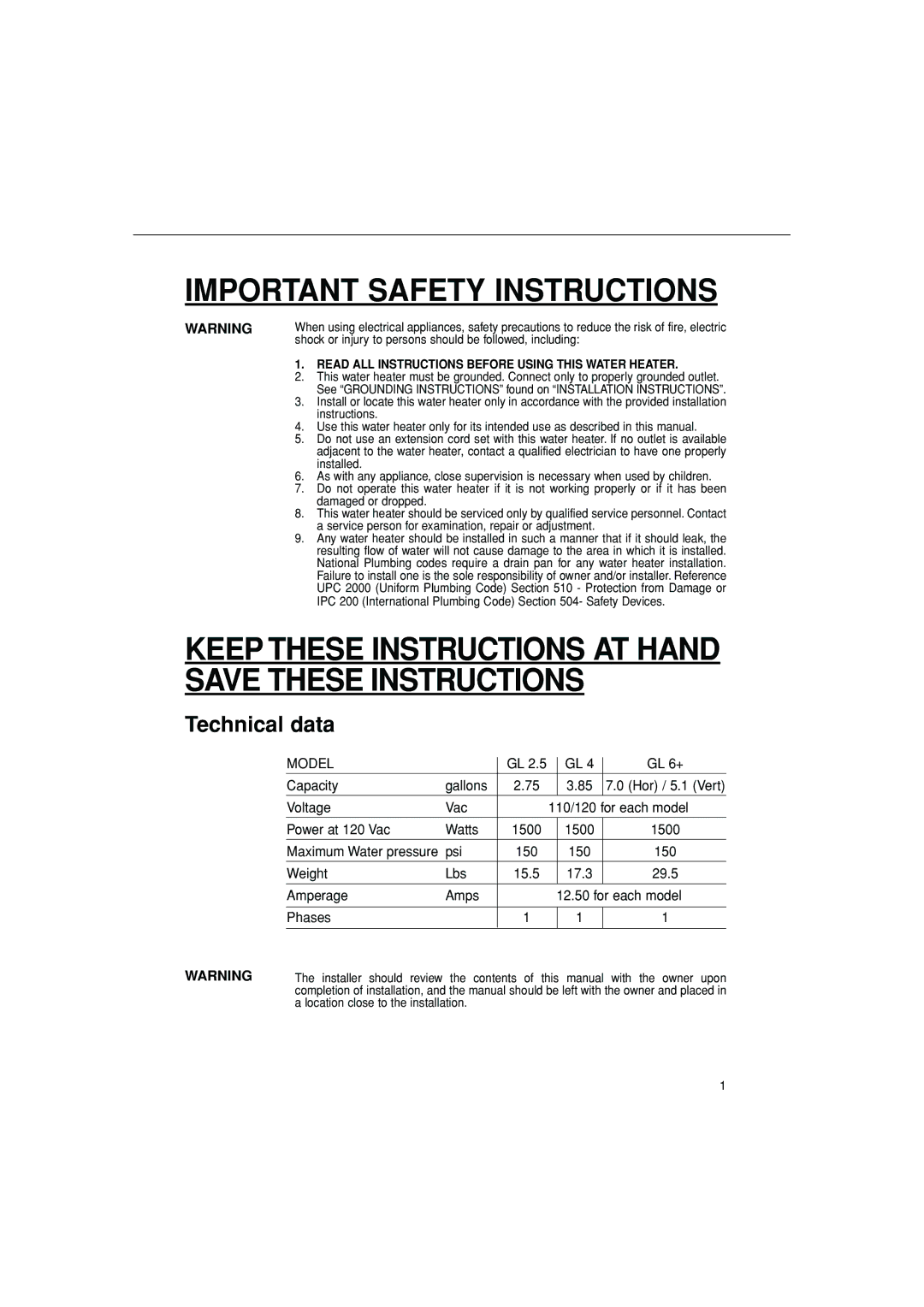 Ariston GL 4, GL 2.5 manual Important Safety Instructions, Technical data 