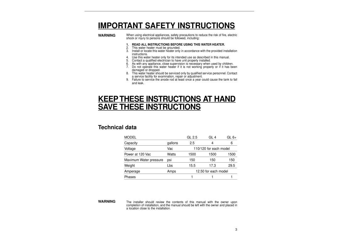 Ariston GL 2.5, GL 4, GL 6+ manual Important Safety Instructions, Technical data 