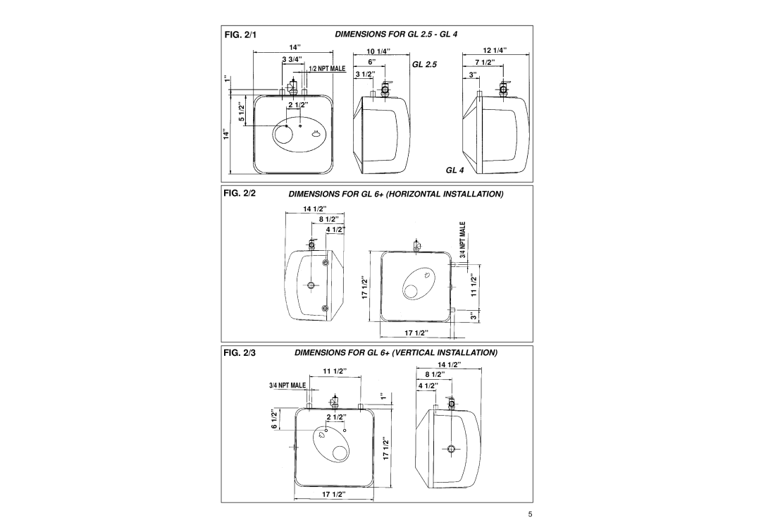 Ariston GL 6+, GL 4 manual Dimensions for GL 2.5 GL 