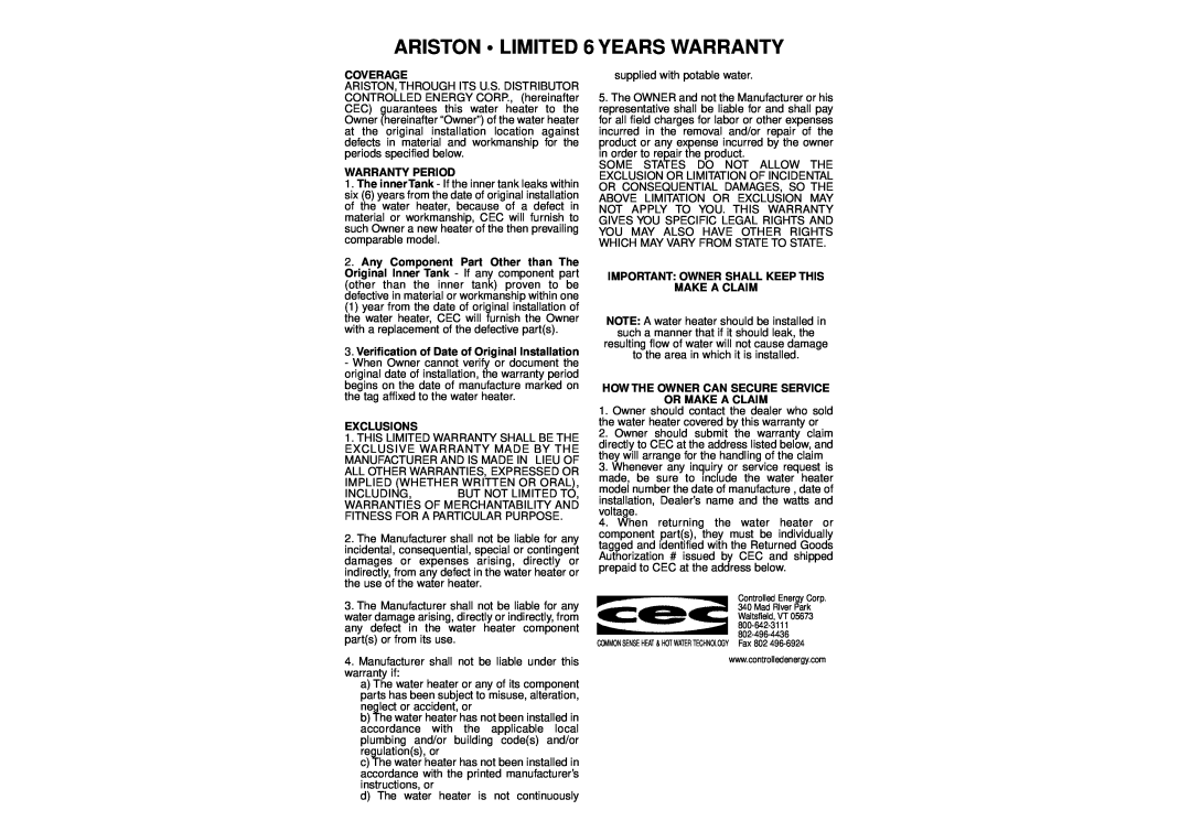 Ariston GL 6+, GL 4, GL 2.5 manual ARISTON LIMITED 6 YEARS WARRANTY, Coverage, Warranty Period, Exclusions 
