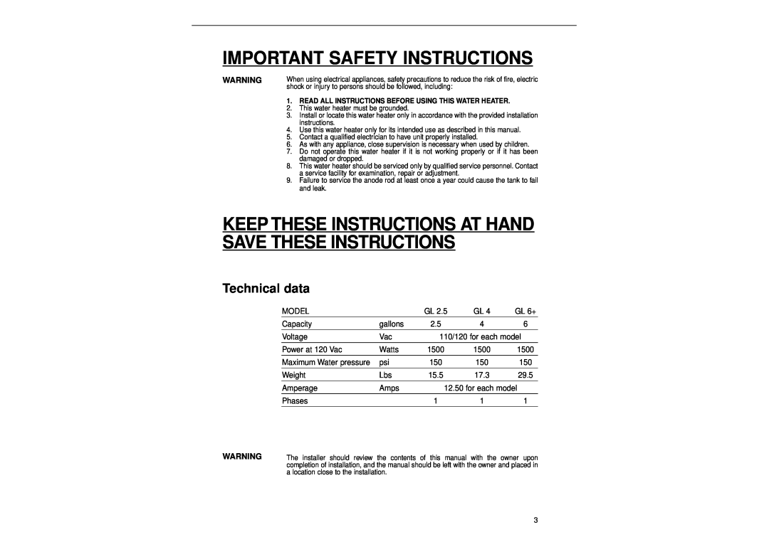 Ariston GL 2.5 Technical data, Important Safety Instructions, Keep These Instructions At Hand Save These Instructions 