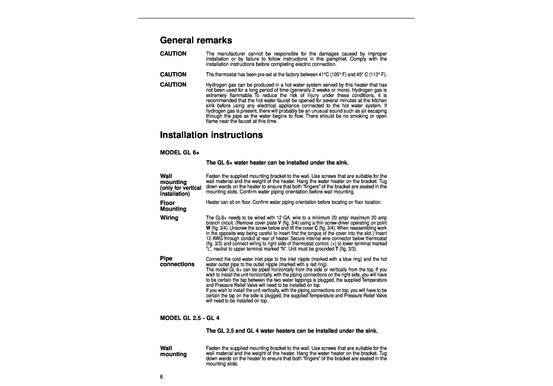 Ariston GL 2.5, GL 4, GL 6+ manual General remarks, Installation instructions 