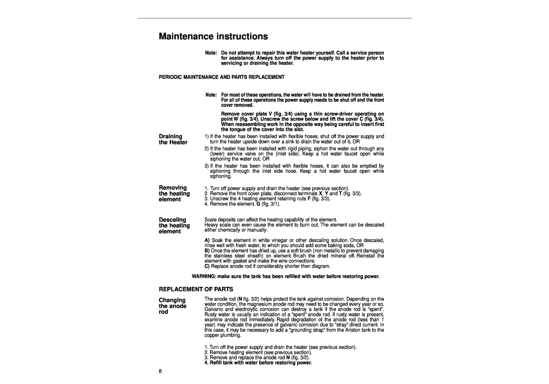 Ariston GL 6+ Maintenance instructions, Draining the Heater Removing the heating element, Descaling the heating element 
