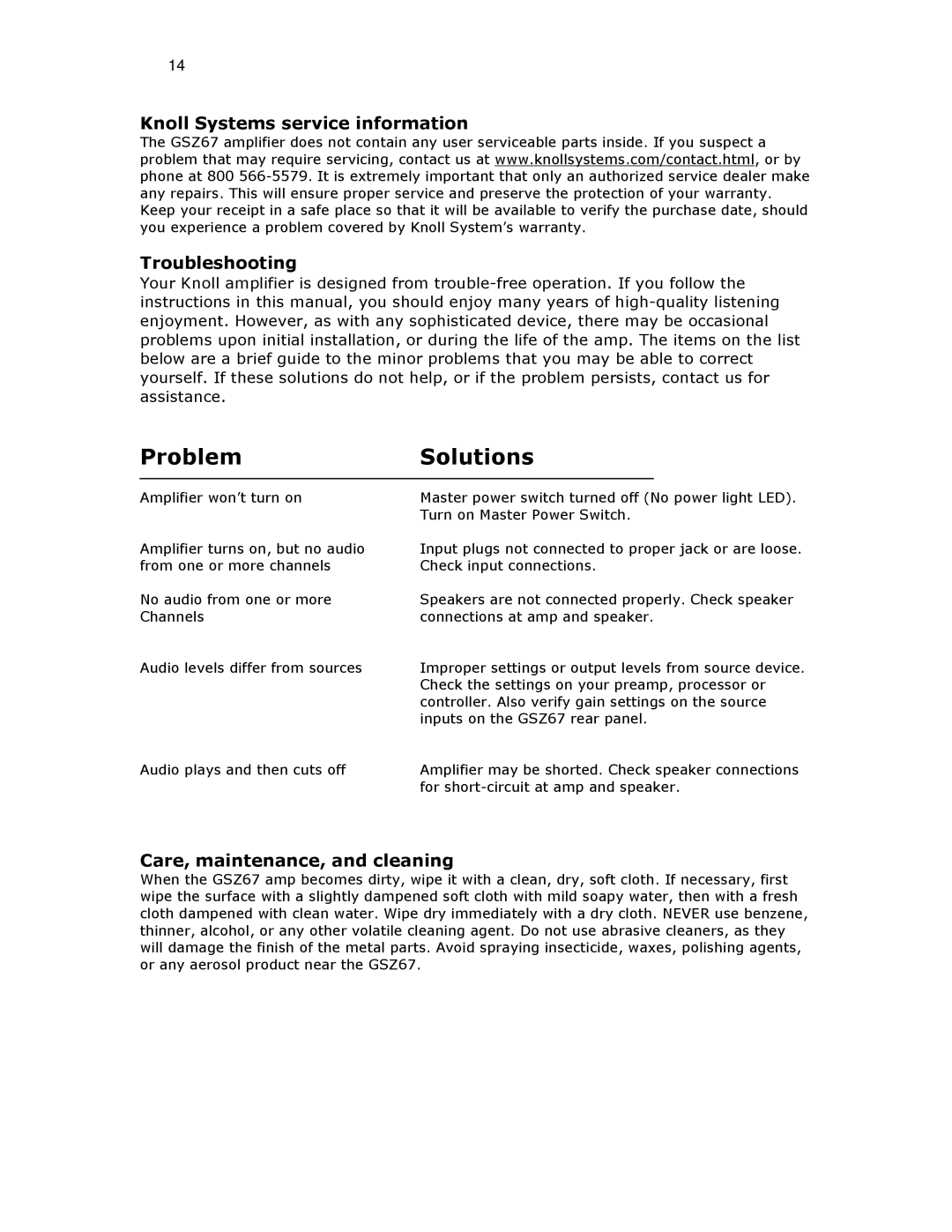 Ariston GSZ67 installation instructions Knoll Systems service information Troubleshooting, Care, maintenance, and cleaning 