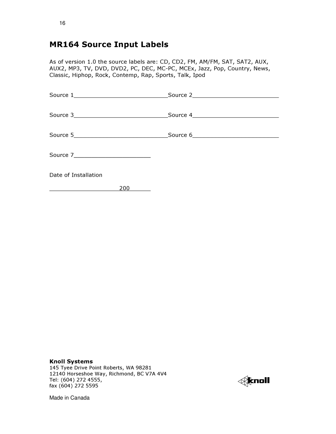 Ariston GSZ67 installation instructions MR164 Source Input Labels 