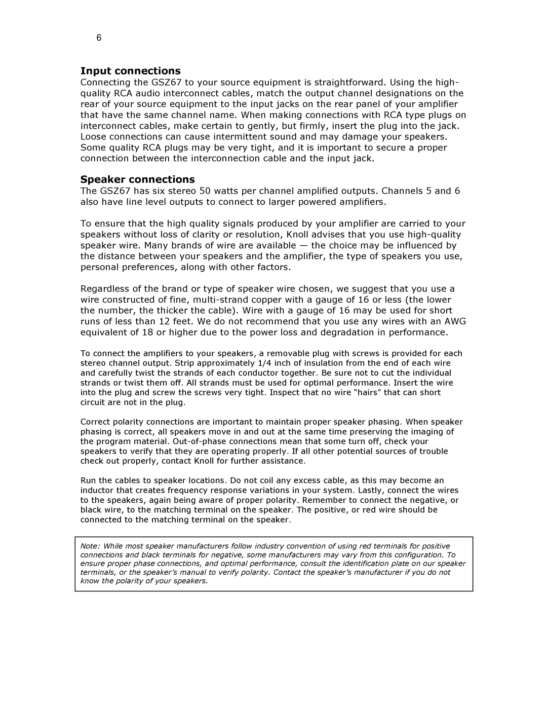 Ariston GSZ67 installation instructions Input connections, Speaker connections 