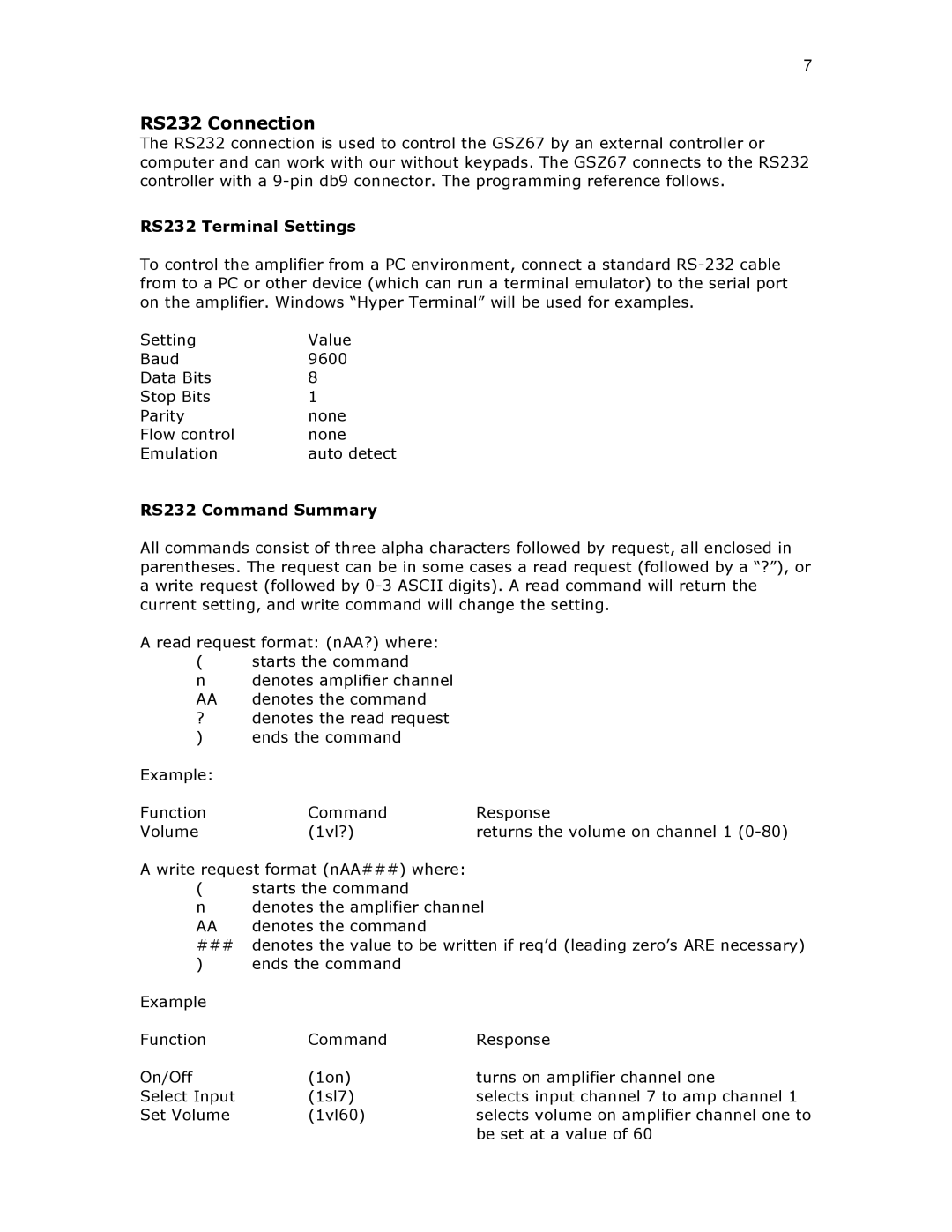 Ariston GSZ67 installation instructions RS232 Connection 