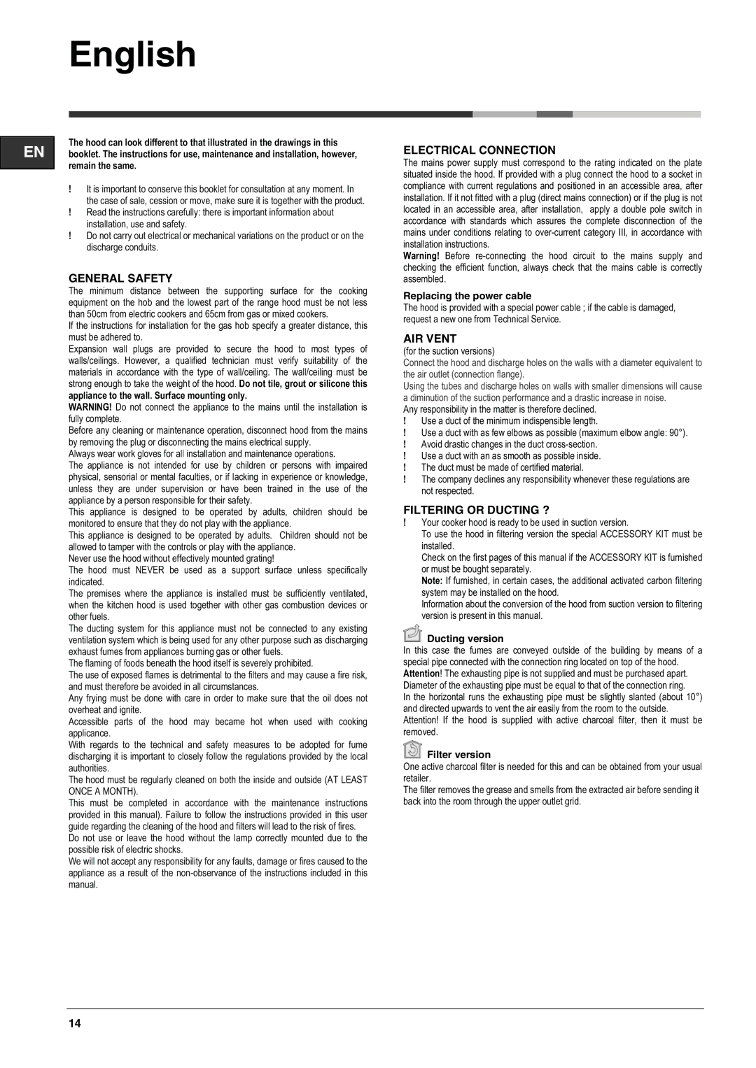 Ariston HBK 9 LS X manual General Safety, Electrical Connection, AIR Vent, Filtering or Ducting ? 