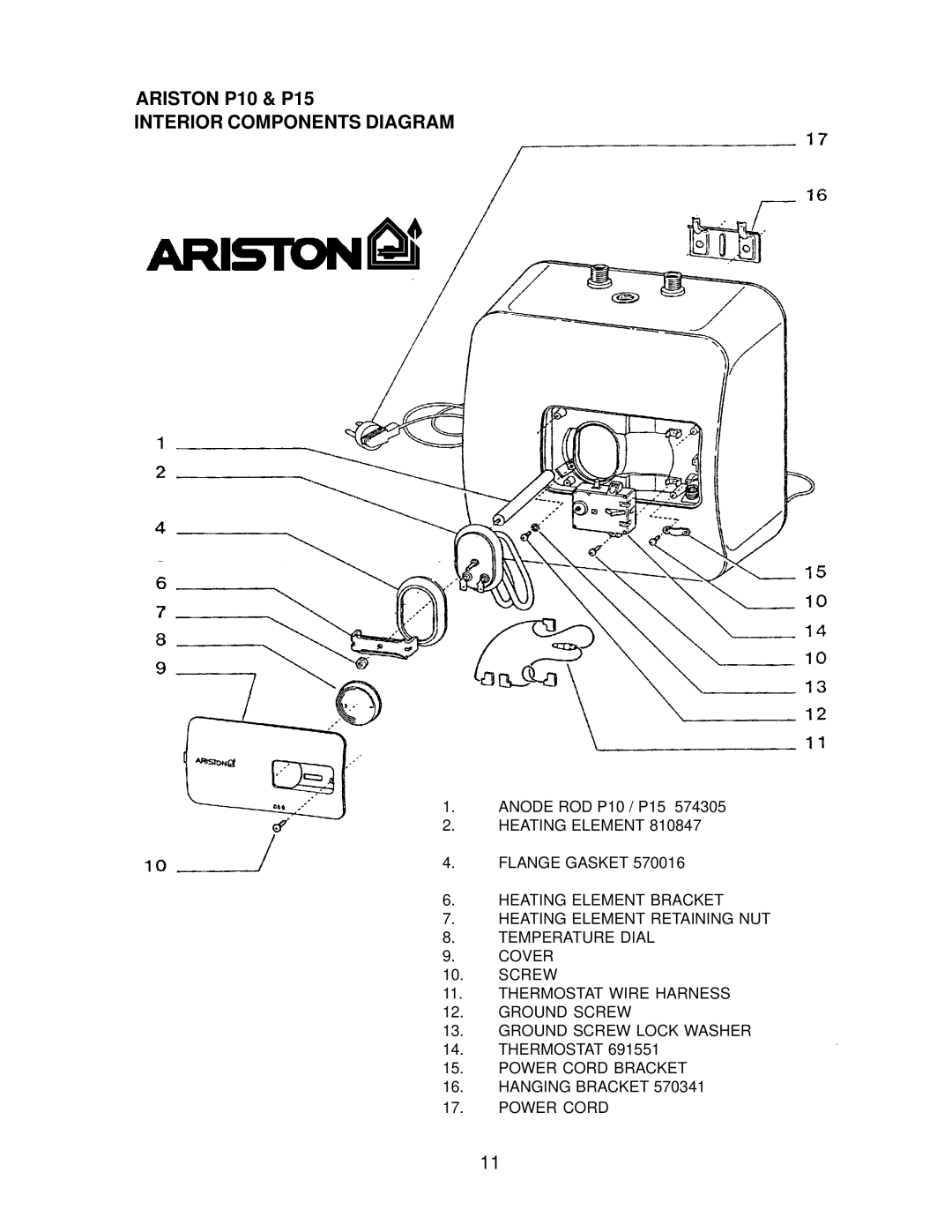 Ariston Heaters manual Ariston P10 & P15 Interior Components Diagram 