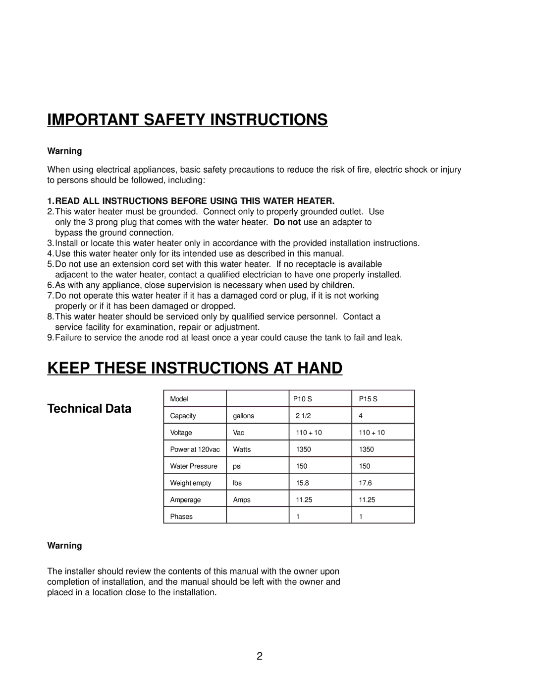 Ariston Heaters manual Technical Data, Read ALL Instructions Before Using this Water Heater 