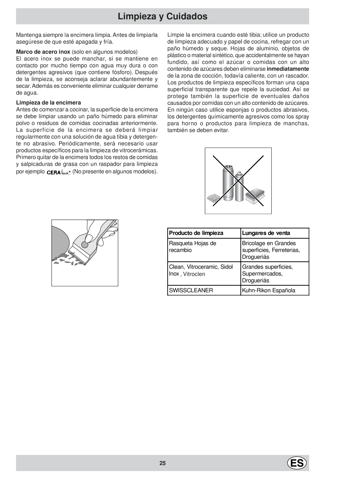 Ariston KT 8104 QO manual Limpieza y Cuidados, Limpieza de la encimera, Producto de limpieza Lungares de venta 