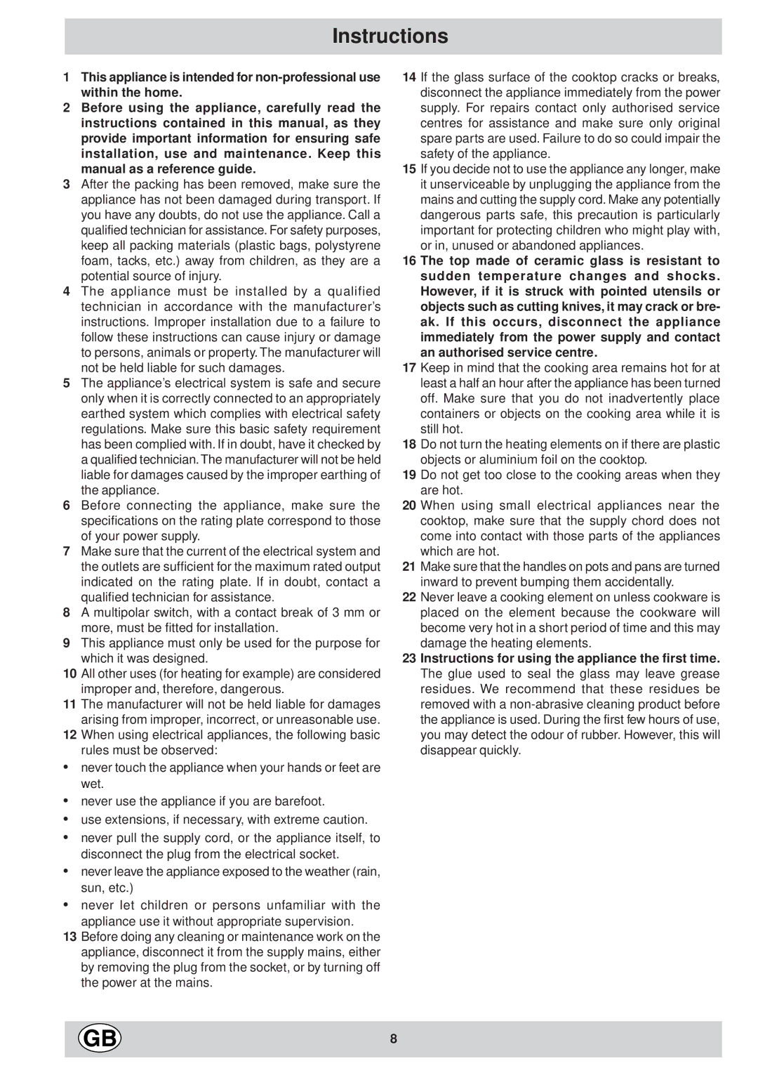 Ariston KT 8104 QO manual Instructions 