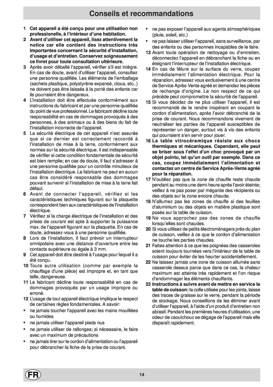 Ariston KT 8104 QO manual Conseils et recommandations 