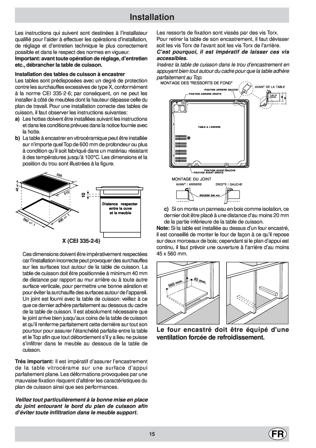 Ariston KT 8104 QO manual X Cei, Installation des tables de cuisson à encastrer, Montage Des Ressorts De Fond 