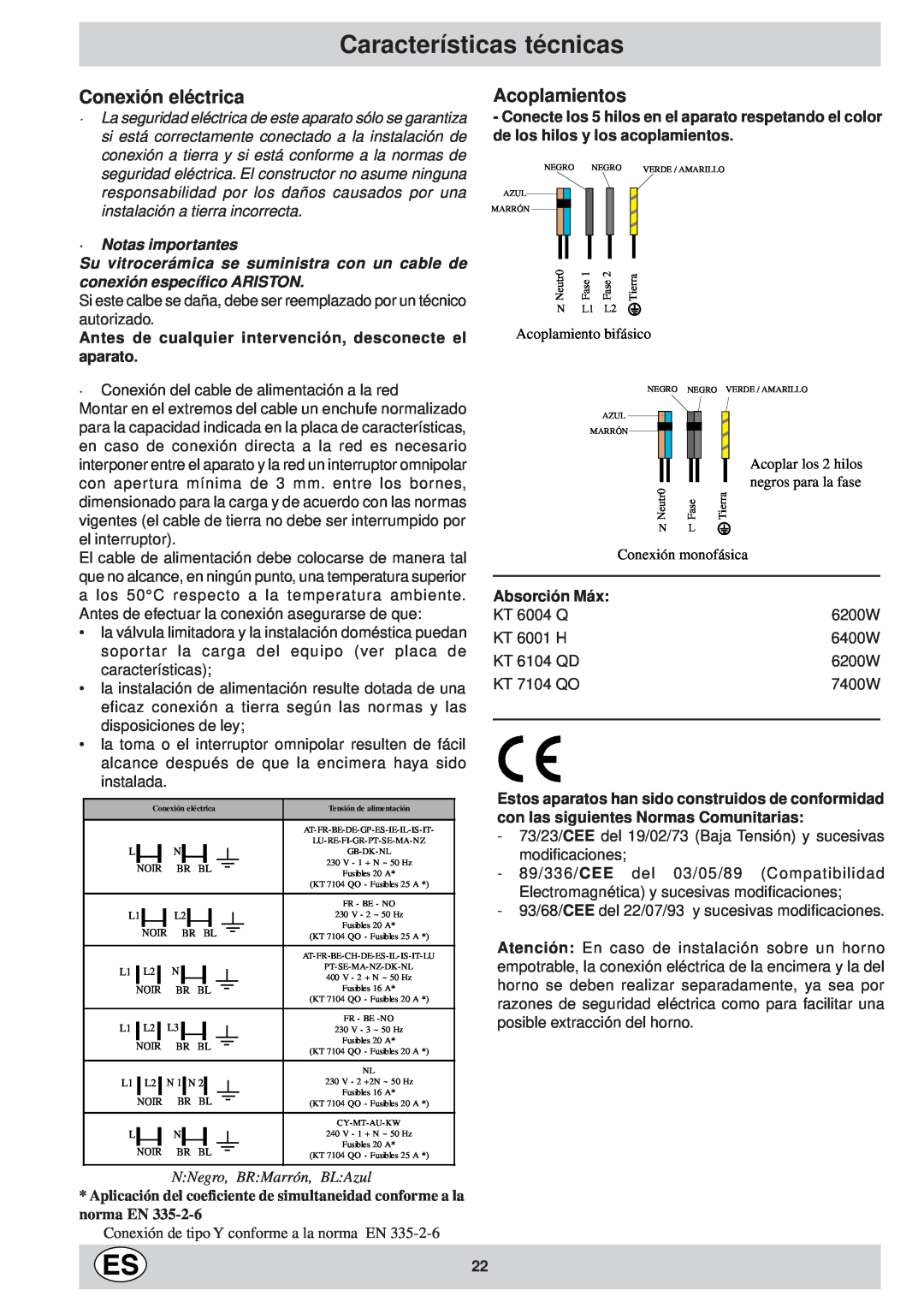 Ariston KT 8104 QO Características técnicas, Conexión eléctrica, Acoplamientos, N Negro, BR Marrón, BL Azul, Absorción Máx 