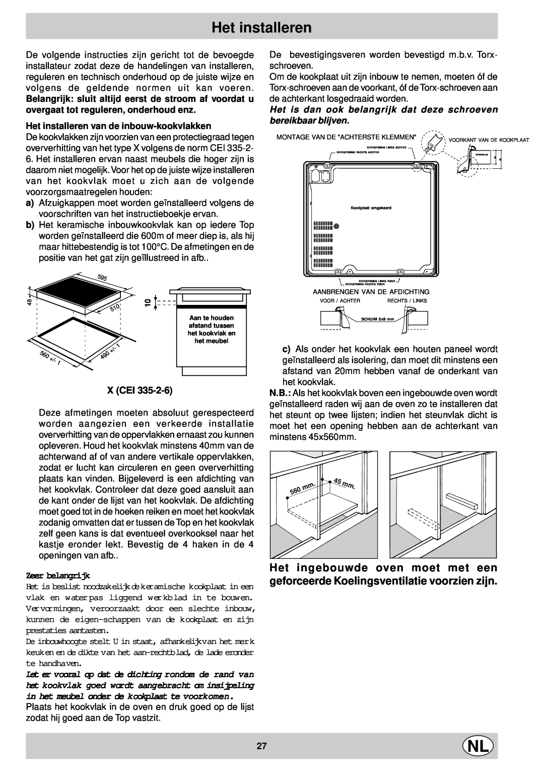 Ariston KT 8104 QO manual X Cei, Het installeren van de inbouw-kookvlakken, Zeer belangrijk 