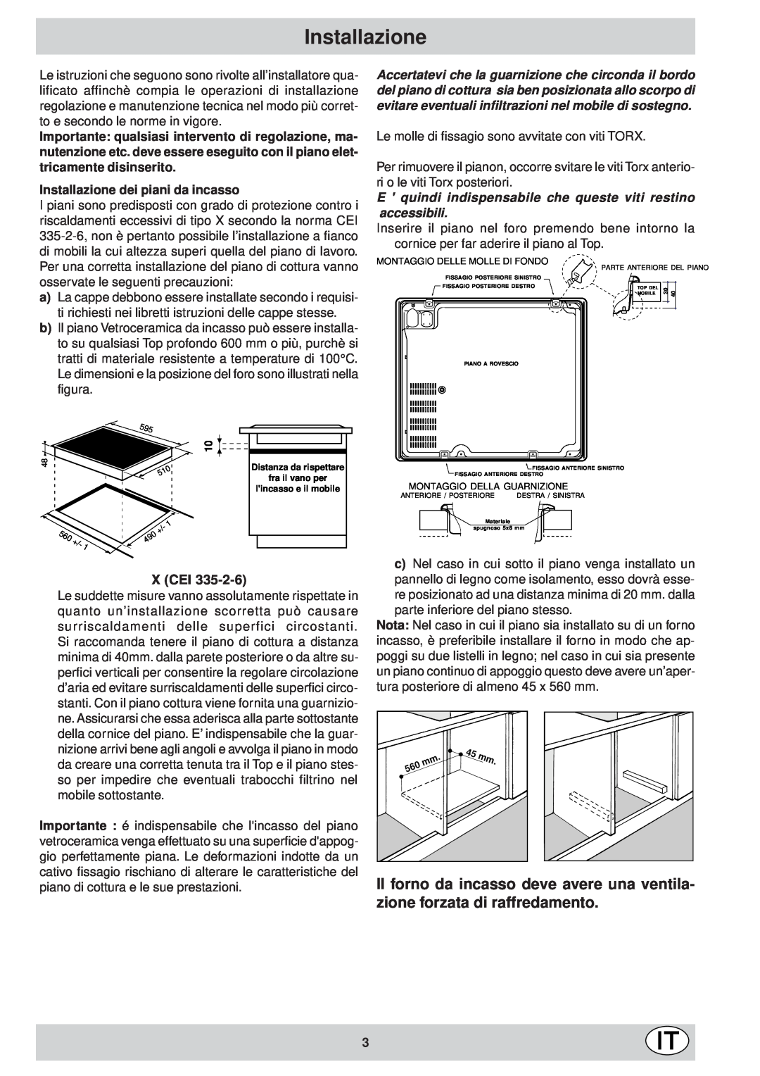 Ariston KT 8104 QO manual X Cei, Installazione dei piani da incasso 