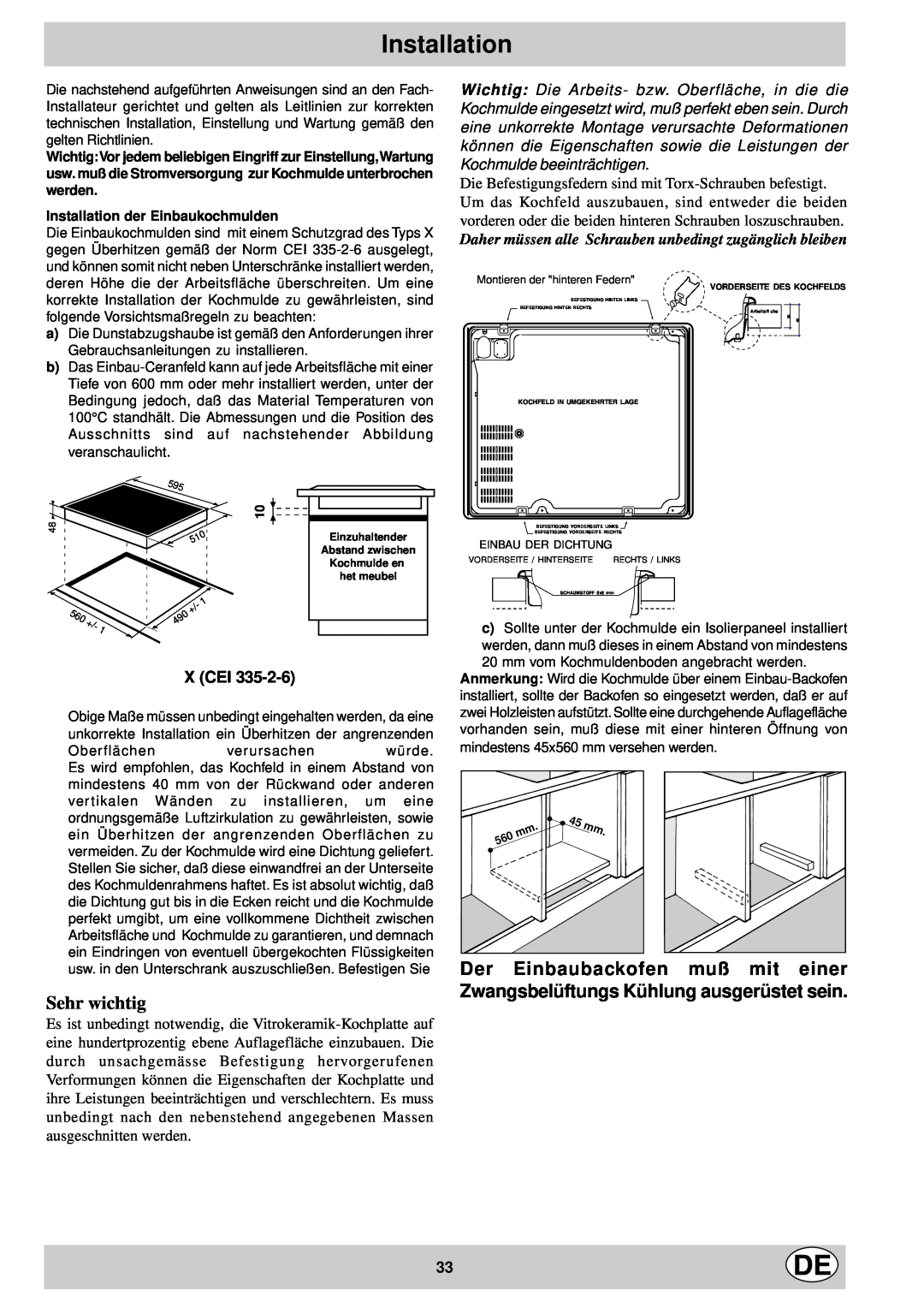 Ariston KT 8104 QO manual Sehr wichtig, X Cei, Installation der Einbaukochmulden 