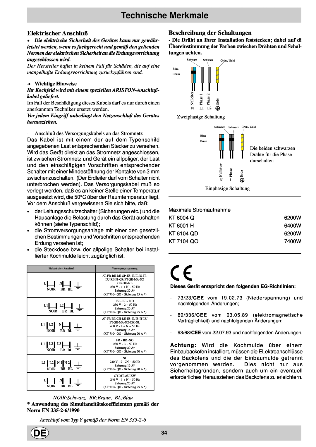 Ariston KT 8104 QO manual Technische Merkmale, Elektrischer Anschluß, Beschreibung der Schaltungen 