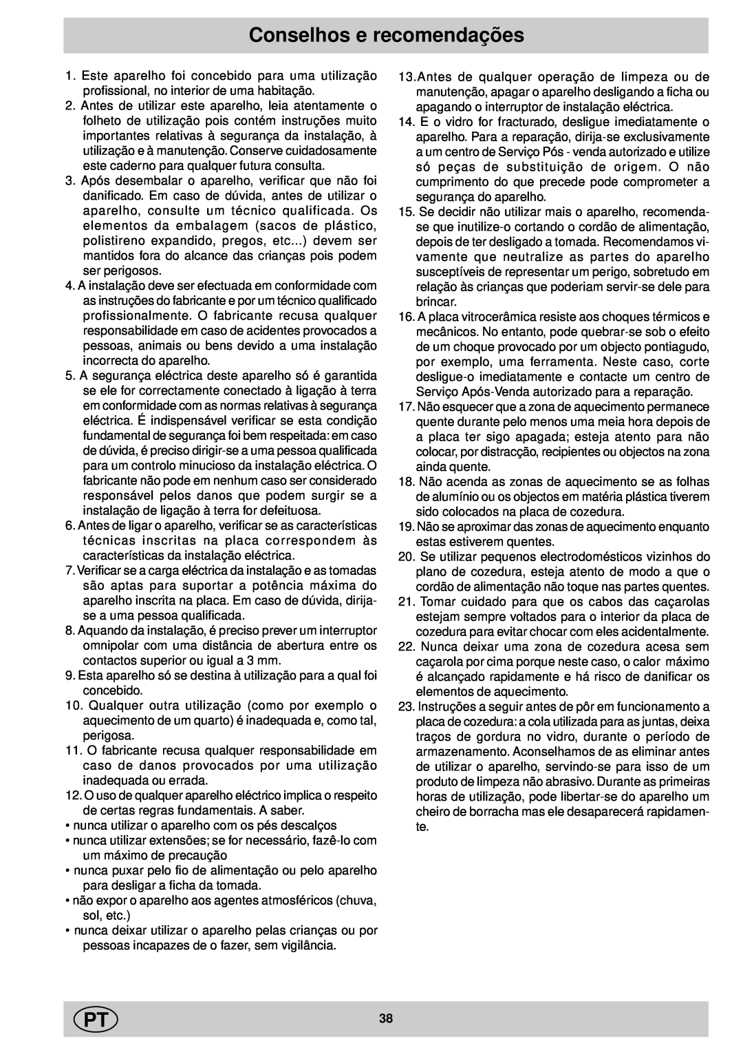 Ariston KT 8104 QO manual Conselhos e recomendações 