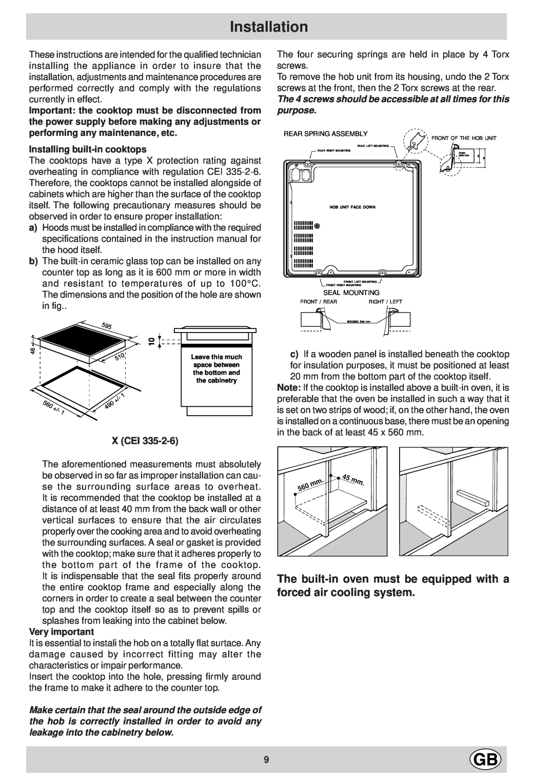 Ariston KT 8104 QO manual Installation, X Cei, Installing built-incooktops, Very important 