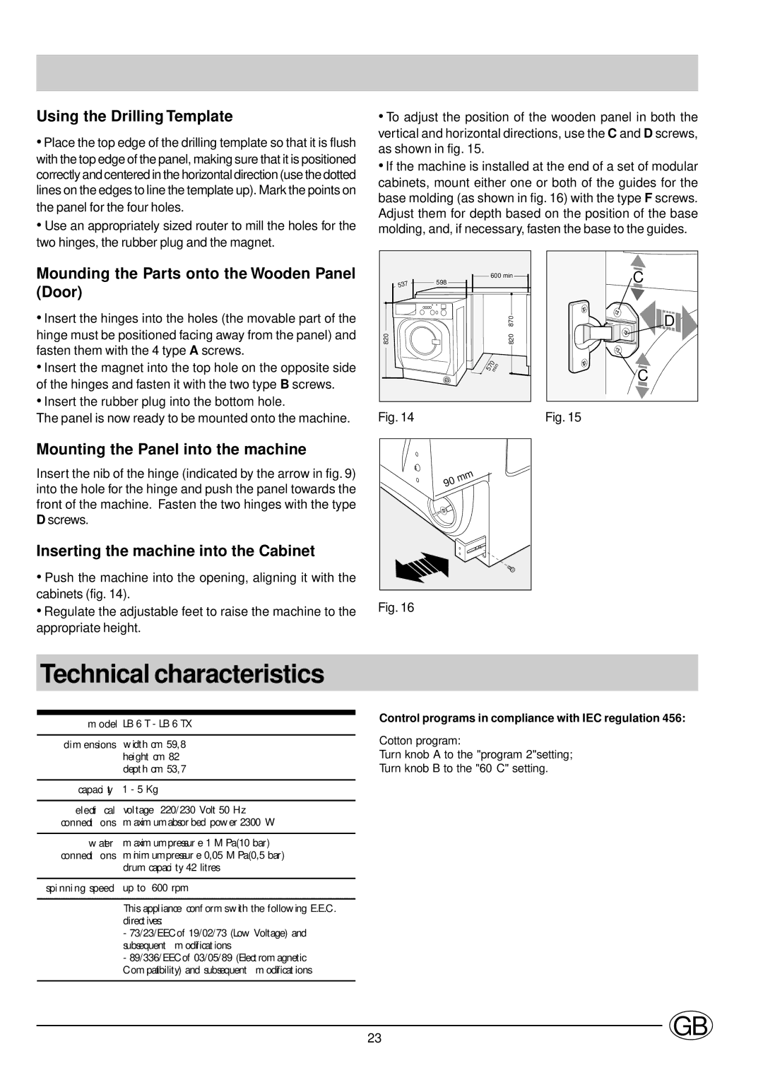 Ariston LB6TX manual Technical characteristics, Using the Drilling Template, Mounding the Parts onto the Wooden Panel Door 