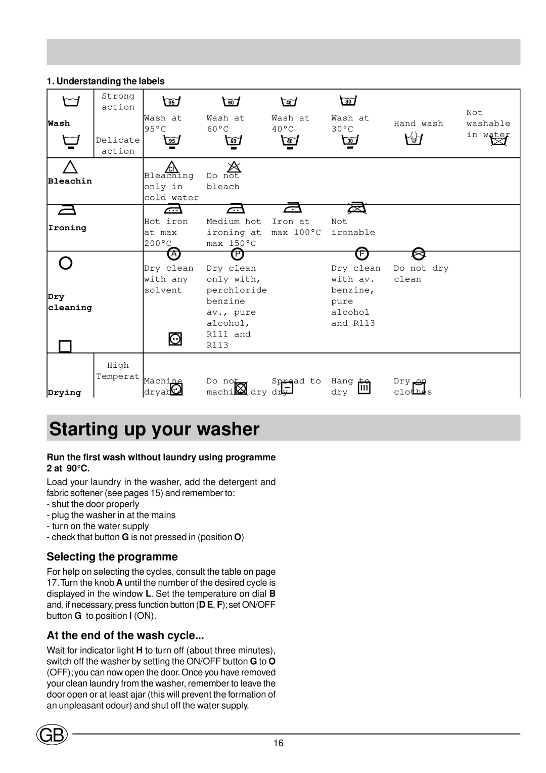 Ariston LB6T Starting up your washer, Selecting the programme, At the end of the wash cycle, Understanding the labels 