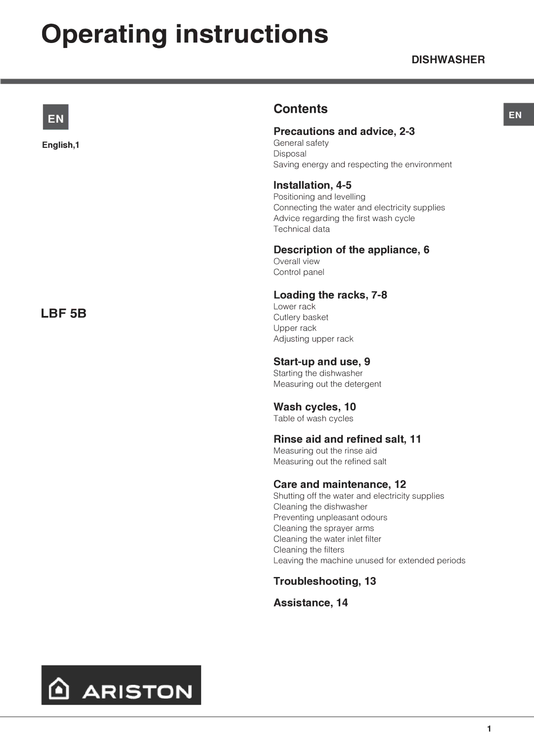 Ariston LBF 5B manual Operating instructions 