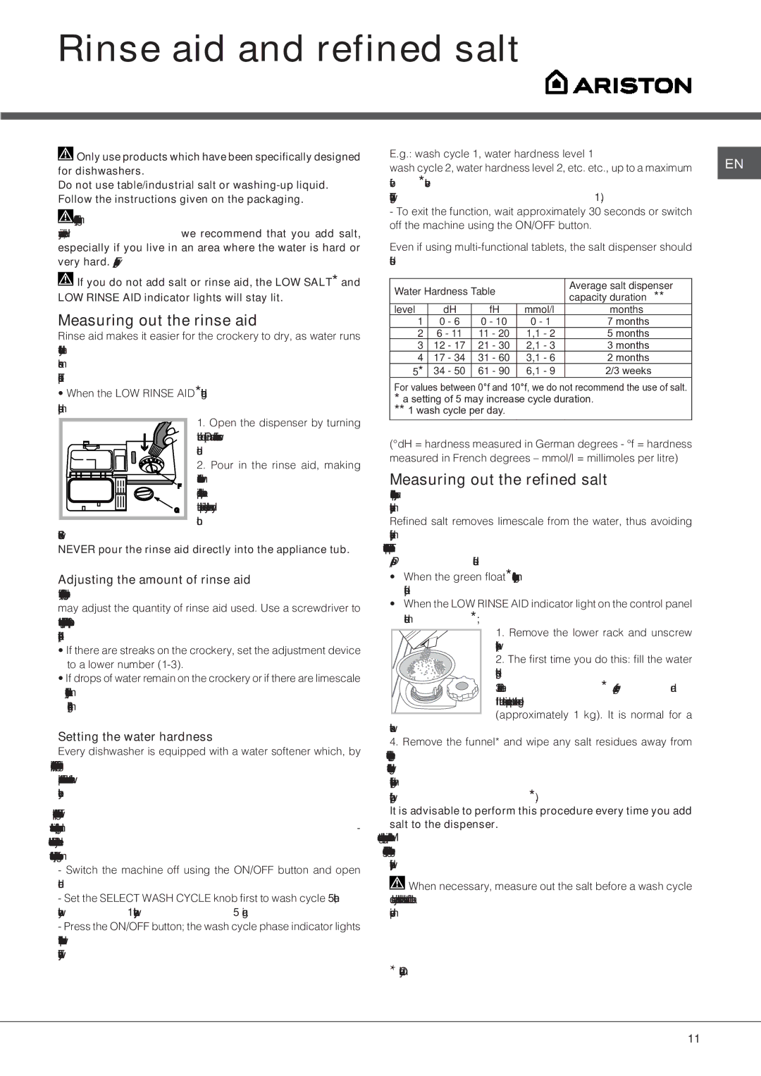 Ariston LBF 5B manual Rinse aid and refined salt, Measuring out the rinse aid, Measuring out the refined salt 