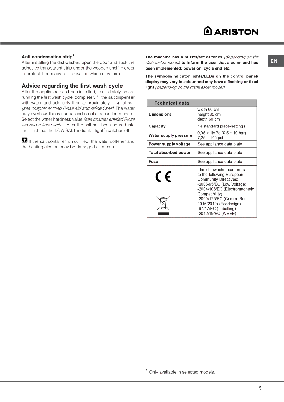 Ariston LBF 5B manual Advice regarding the first wash cycle, Anti-condensation strip 