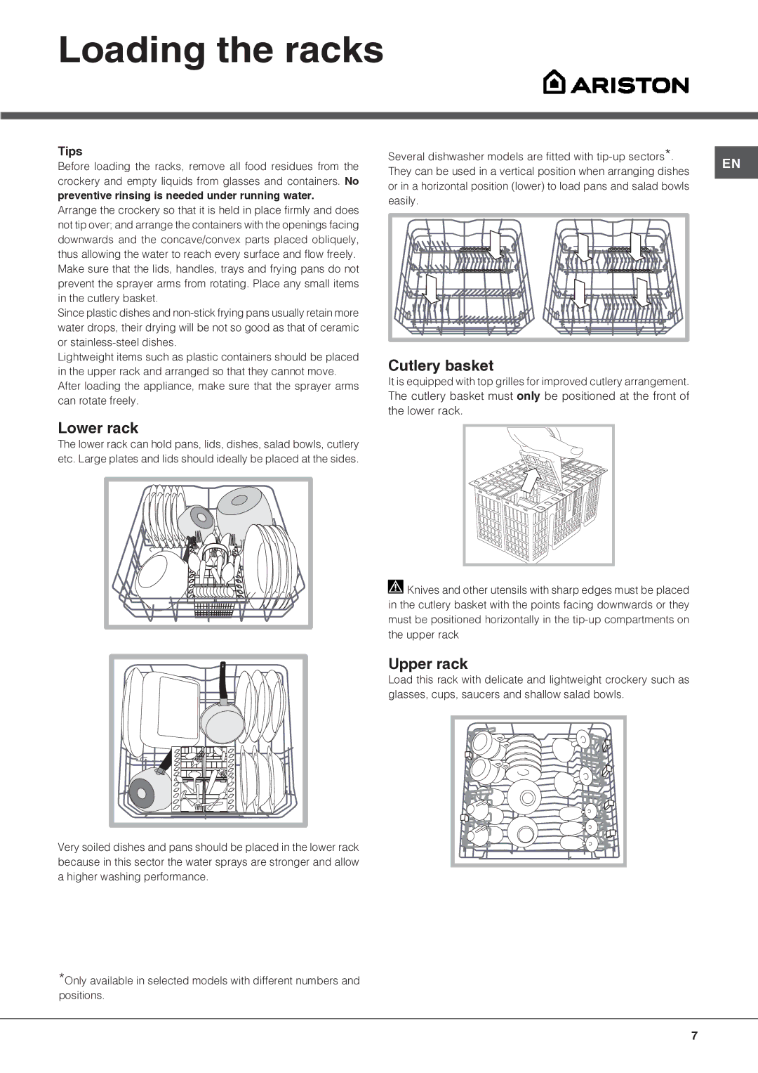 Ariston LBF 5B manual Loading the racks, Cutlery basket, Lower rack, Upper rack, Tips 