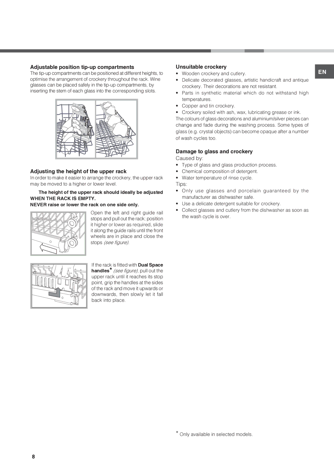 Ariston LBF 5B manual Adjustable position tip-up compartments, Adjusting the height of the upper rack, Unsuitable crockery 