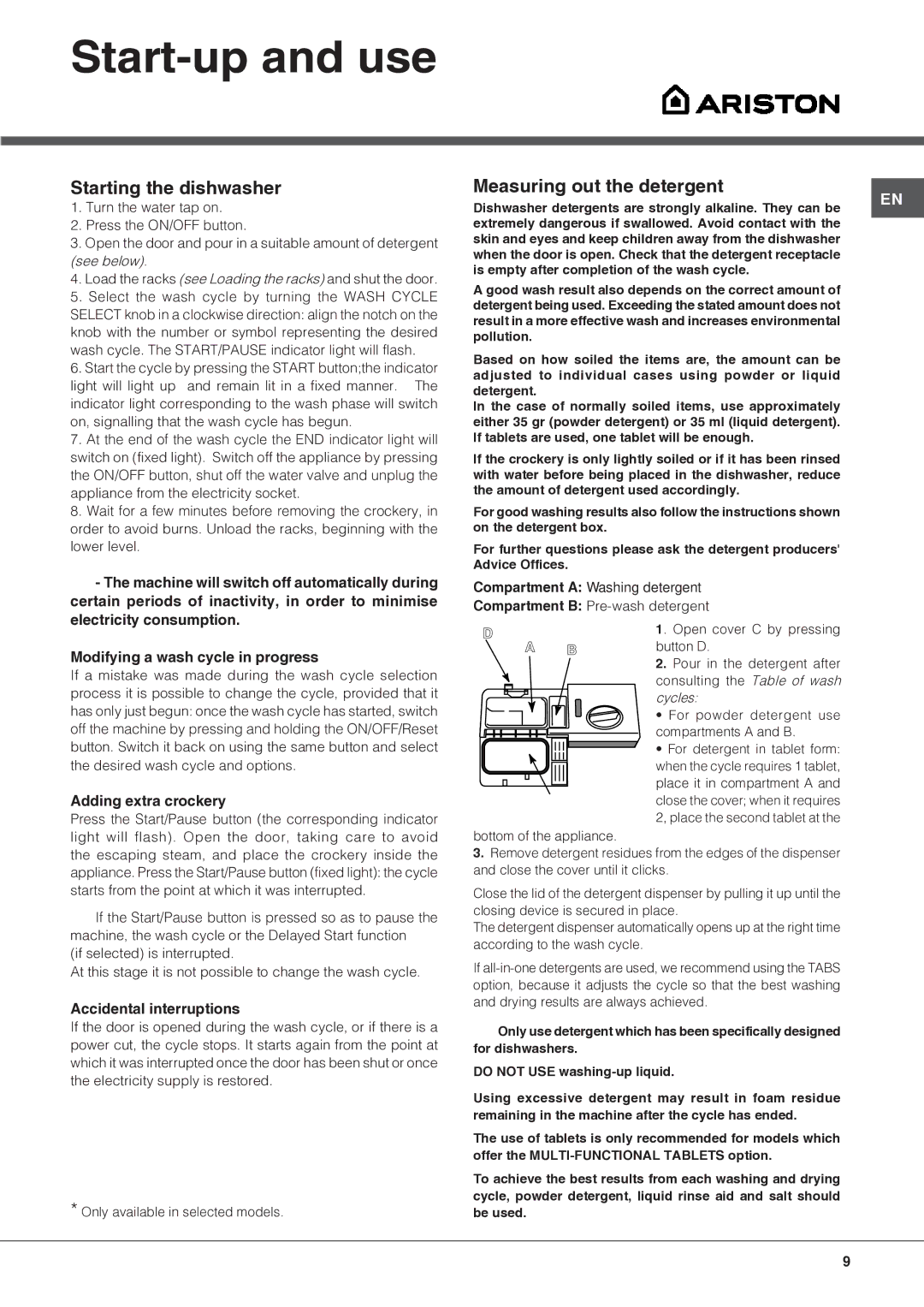 Ariston LBF 5B manual Start-up and use, Starting the dishwasher, Measuring out the detergent 