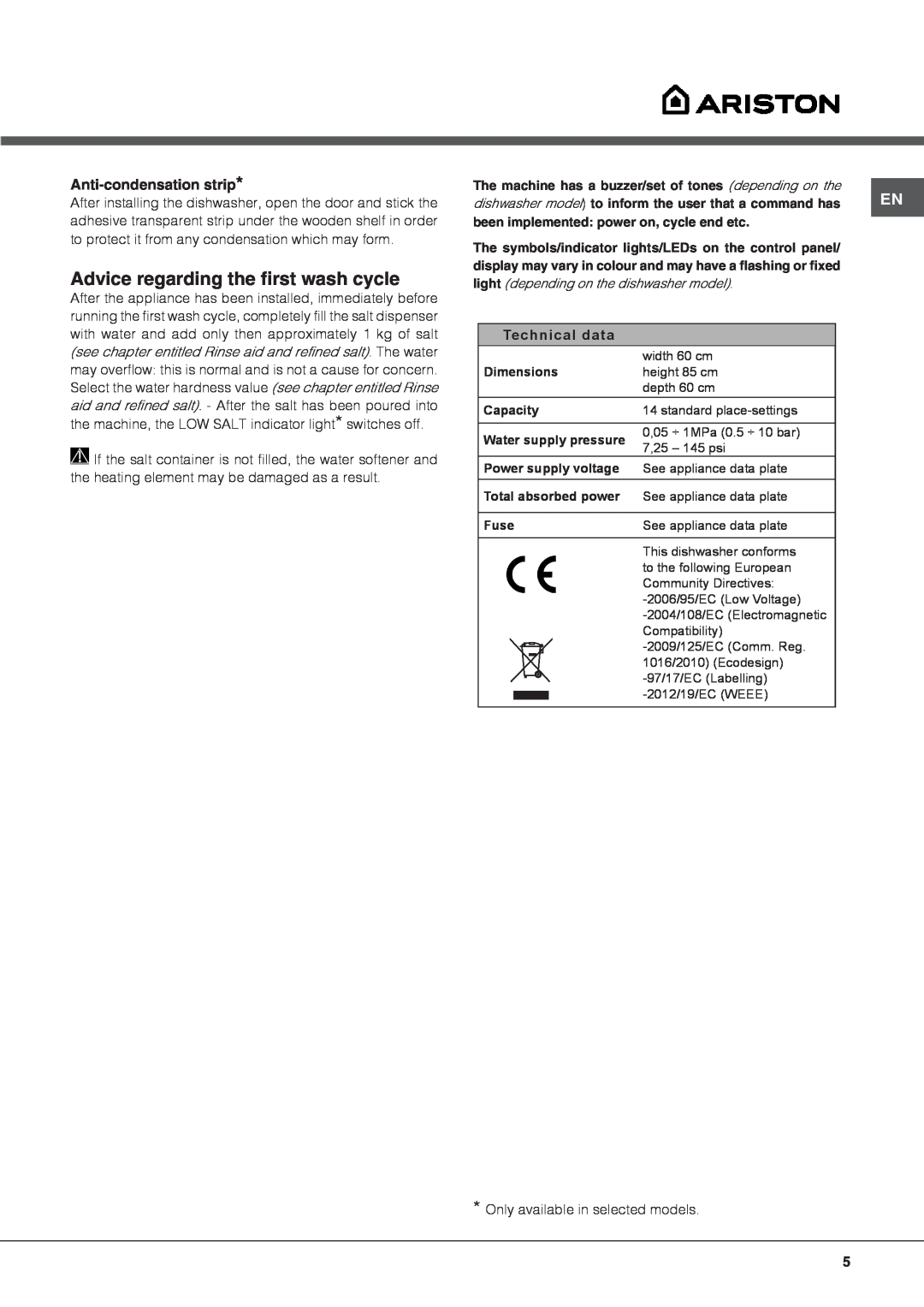 Ariston LBF 5B manual Advice regarding the first wash cycle, Anti-condensation strip, Technical data 
