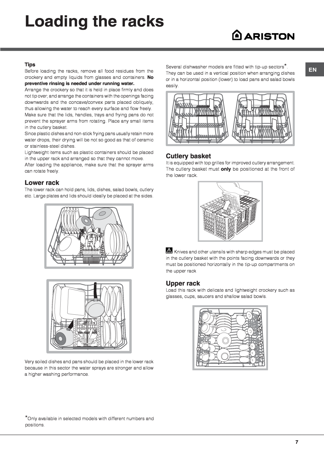 Ariston LBF 5B manual Loading the racks, Cutlery basket, Lower rack, Upper rack, Tips 