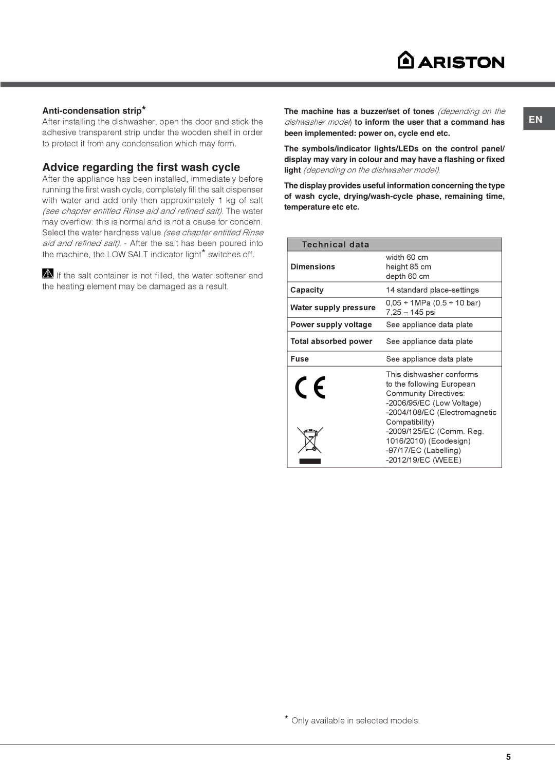 Ariston LFF 8M5 manual Advice regarding the first wash cycle, Anti-condensation strip 