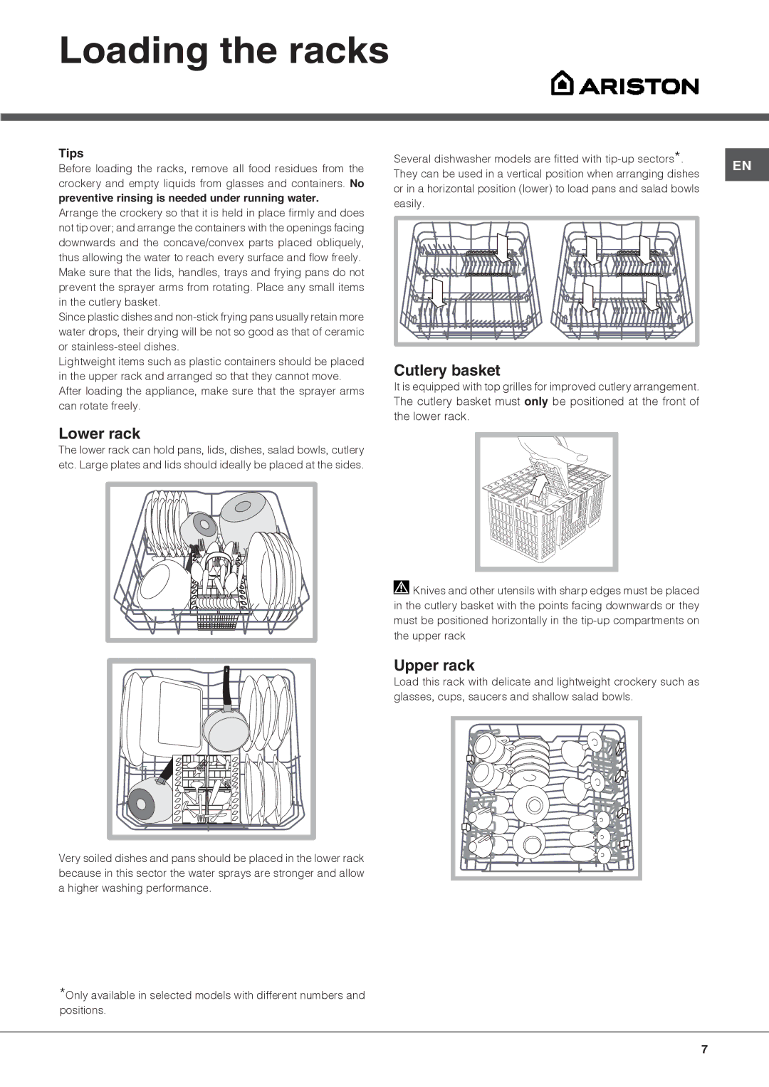 Ariston LFF 8M5 manual Loading the racks, Cutlery basket, Lower rack, Upper rack, Tips 