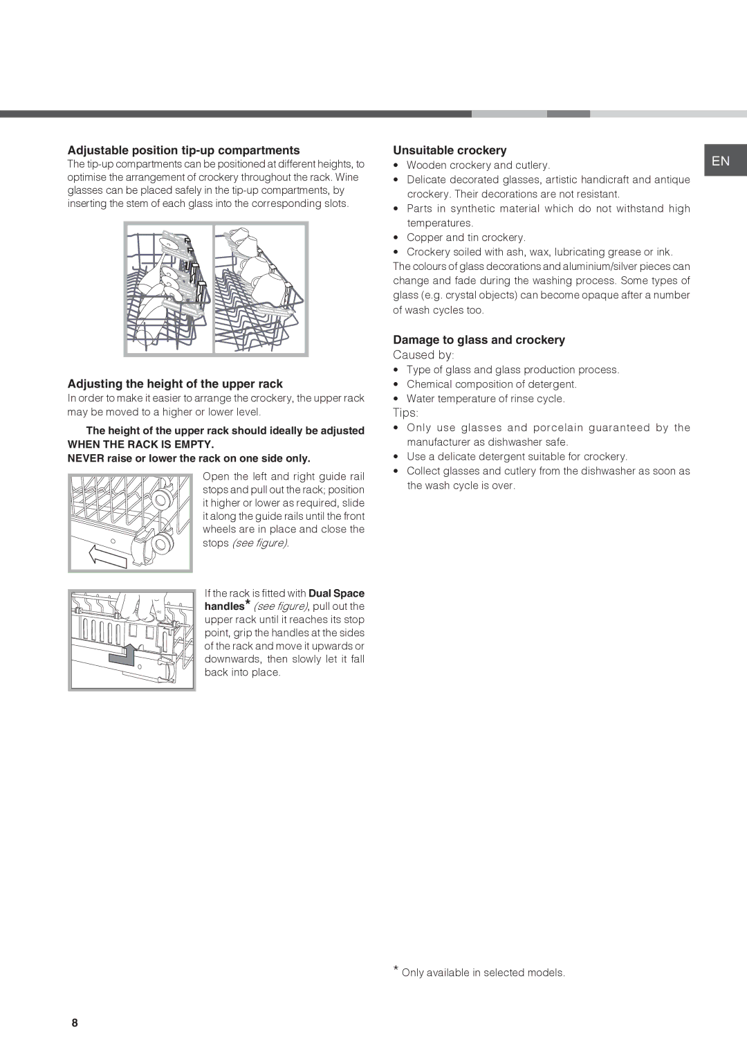 Ariston LFF 8M5 manual Adjustable position tip-up compartments, Adjusting the height of the upper rack, Unsuitable crockery 