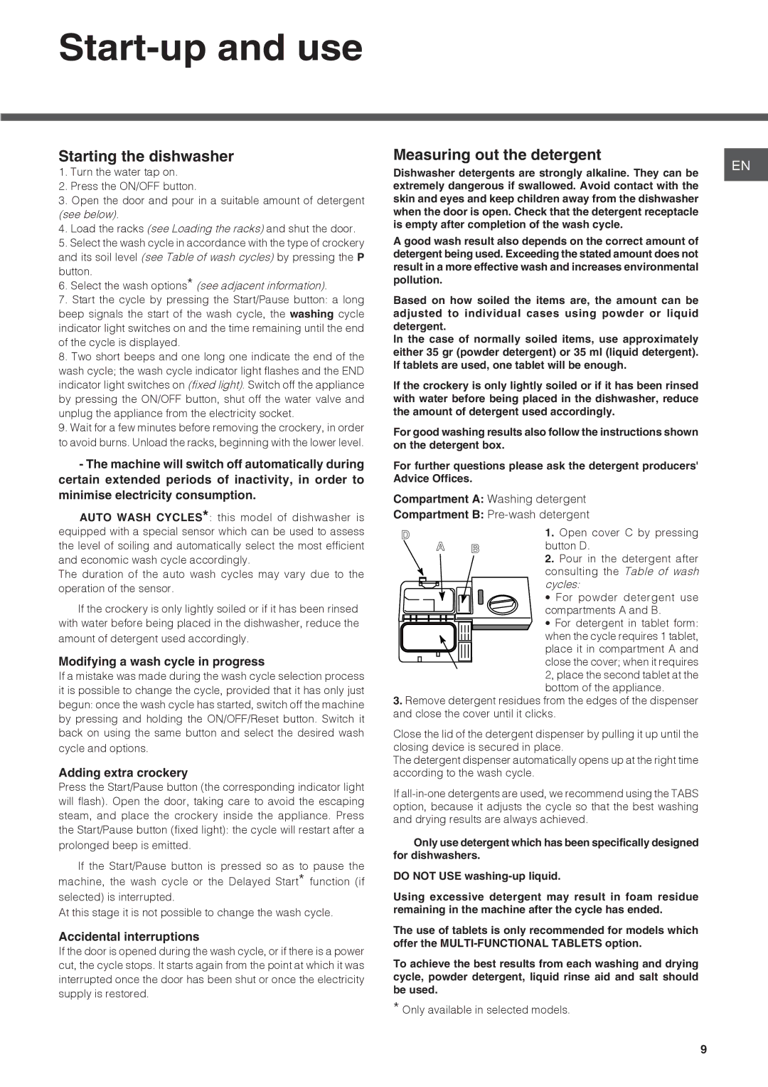 Ariston LFF 8M5 manual Start-up and use, Starting the dishwasher, Measuring out the detergent 