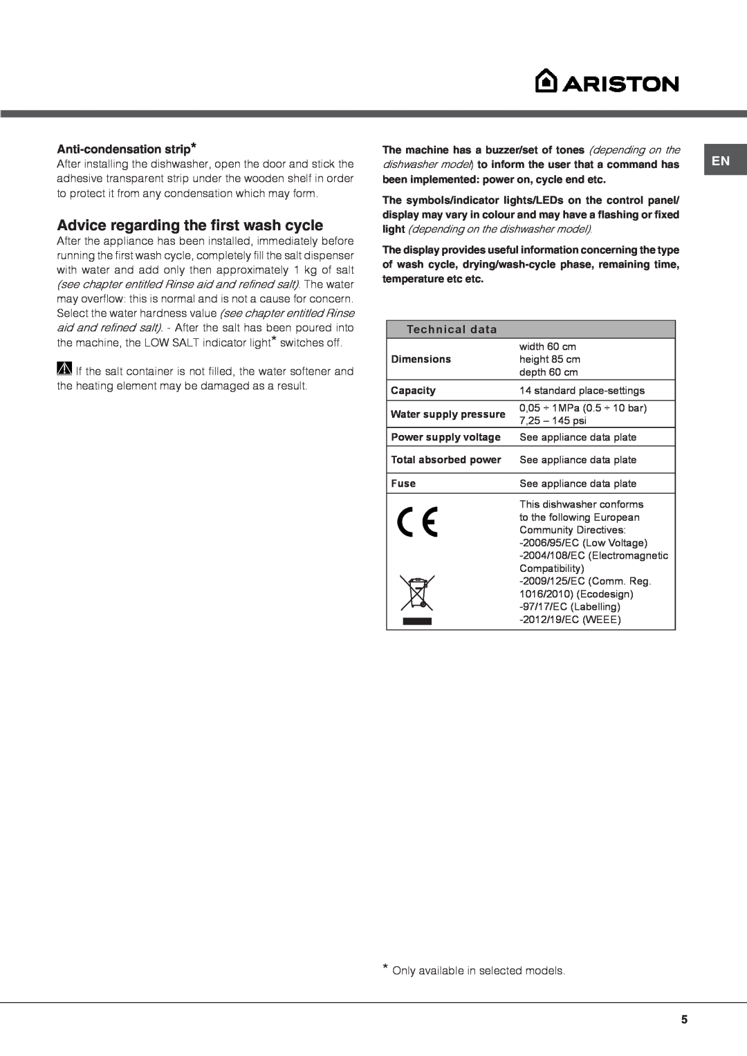 Ariston LFF 8M5 manual Advice regarding the first wash cycle, Anti-condensation strip, Technical data 